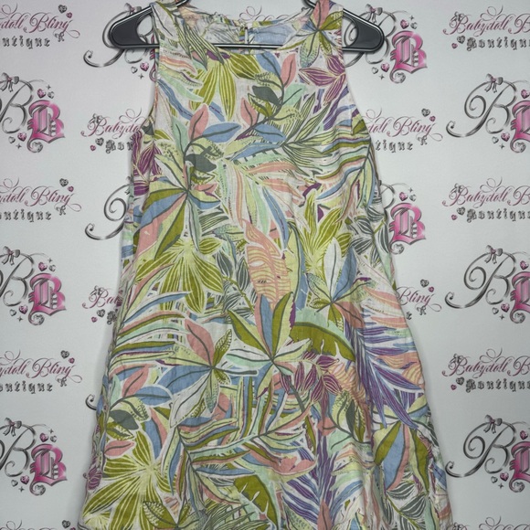 Dress 100% linen floral pastel tropical keyhole button seashell 🐚 pockets luxe - Picture 8 of 13